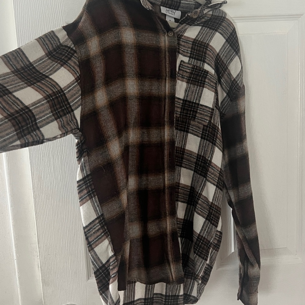 Multi Pattern Brown and White Plaid Button-Up Shirt